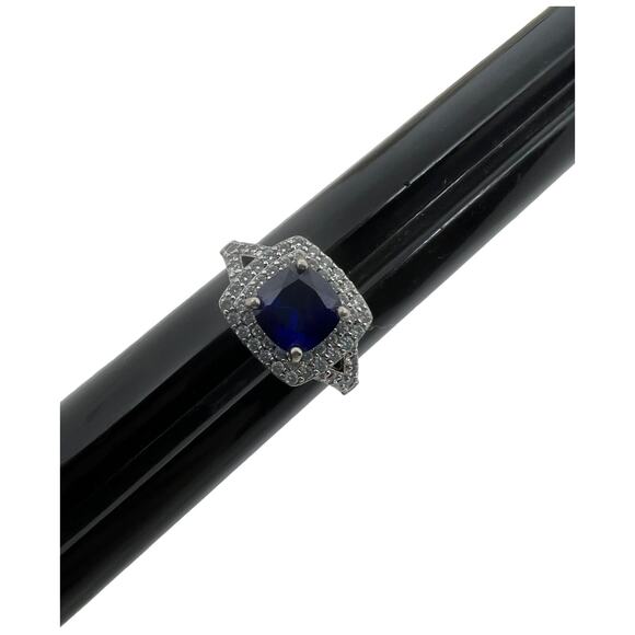 Sterling Silver 925 Blue Sapphire CZ Halo Ring Art Deco Style Size 6.75 - Picture 2 of 14